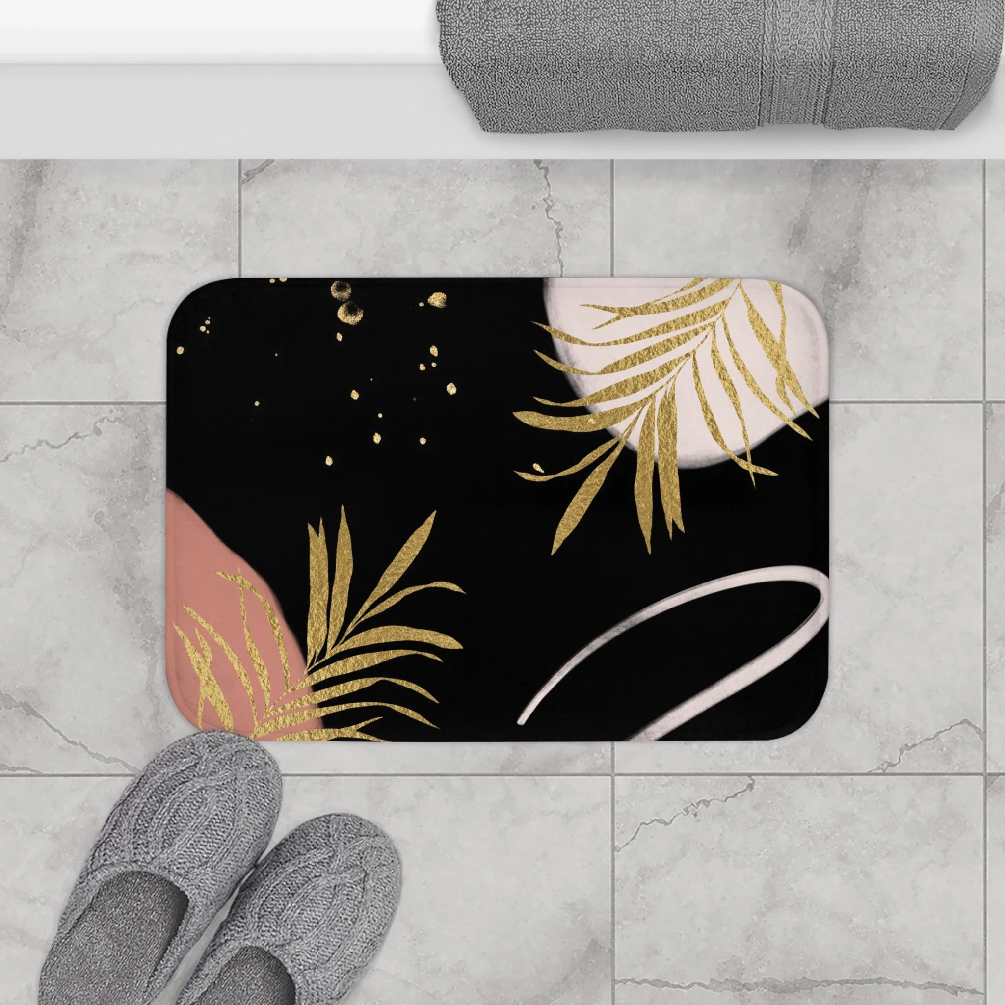 Abstract Bath Mat | Black Gold Leaves