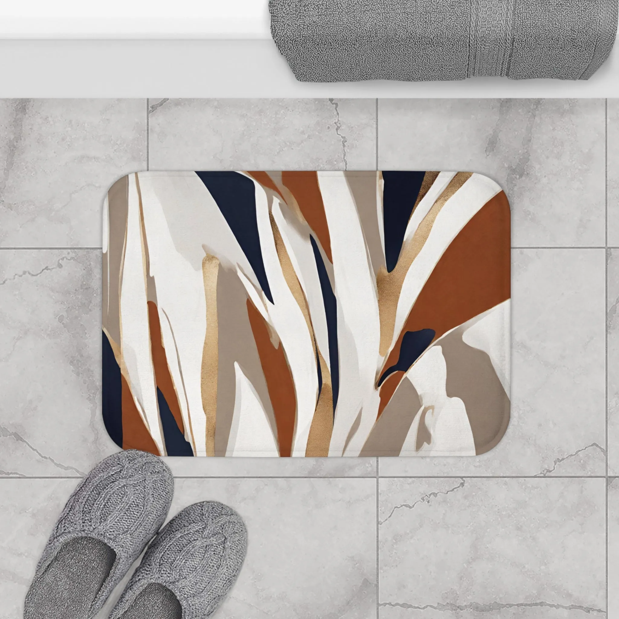 Abstract Boho Bath, Kitchen Floor Mat | Beige Rust, Navy blue White