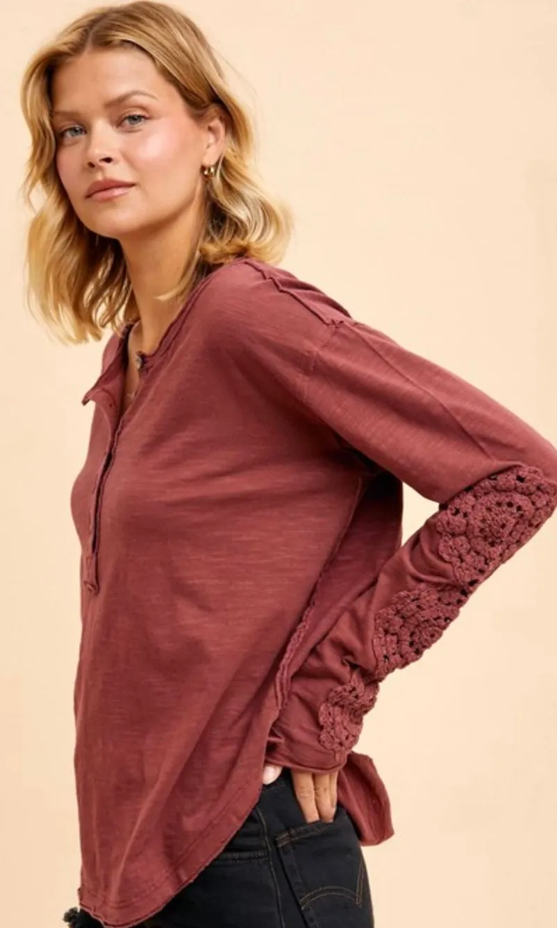 Ambry Merlot Washed Cotton Crochet Cuff Knit Top