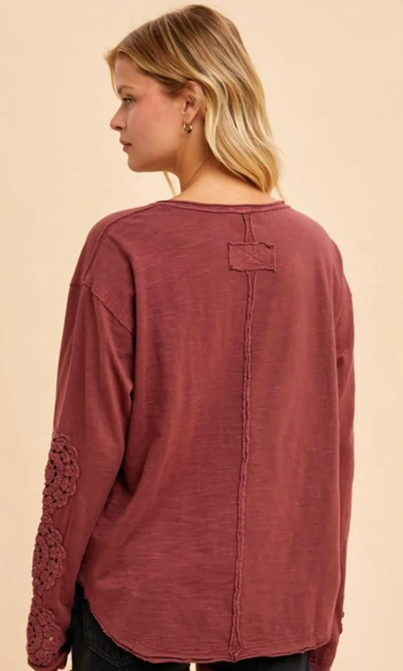 Ambry Merlot Washed Cotton Crochet Cuff Knit Top