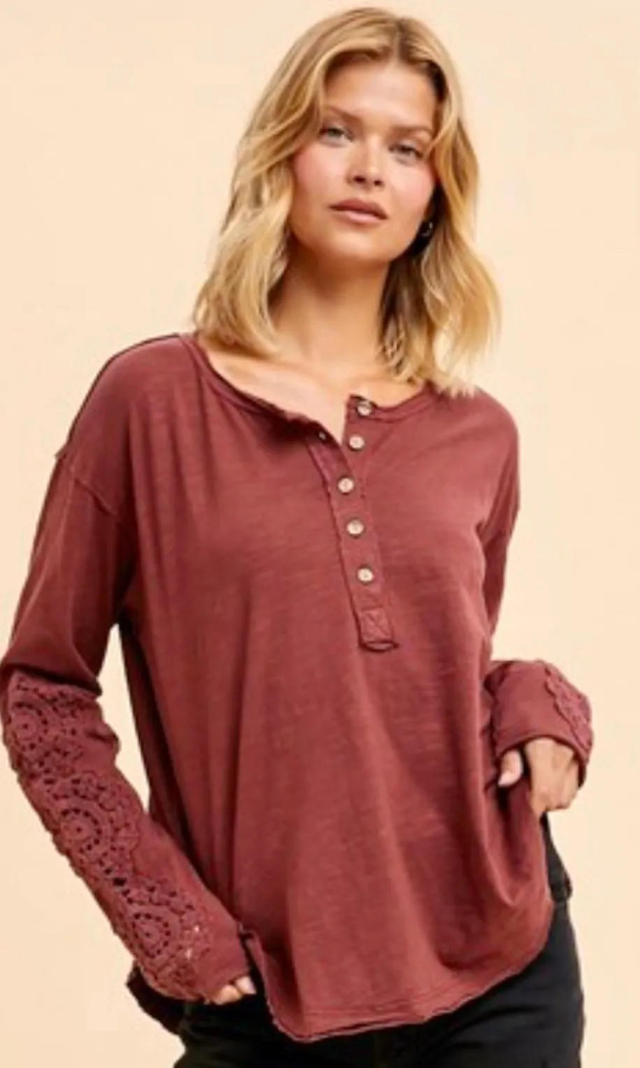 Ambry Merlot Washed Cotton Crochet Cuff Knit Top