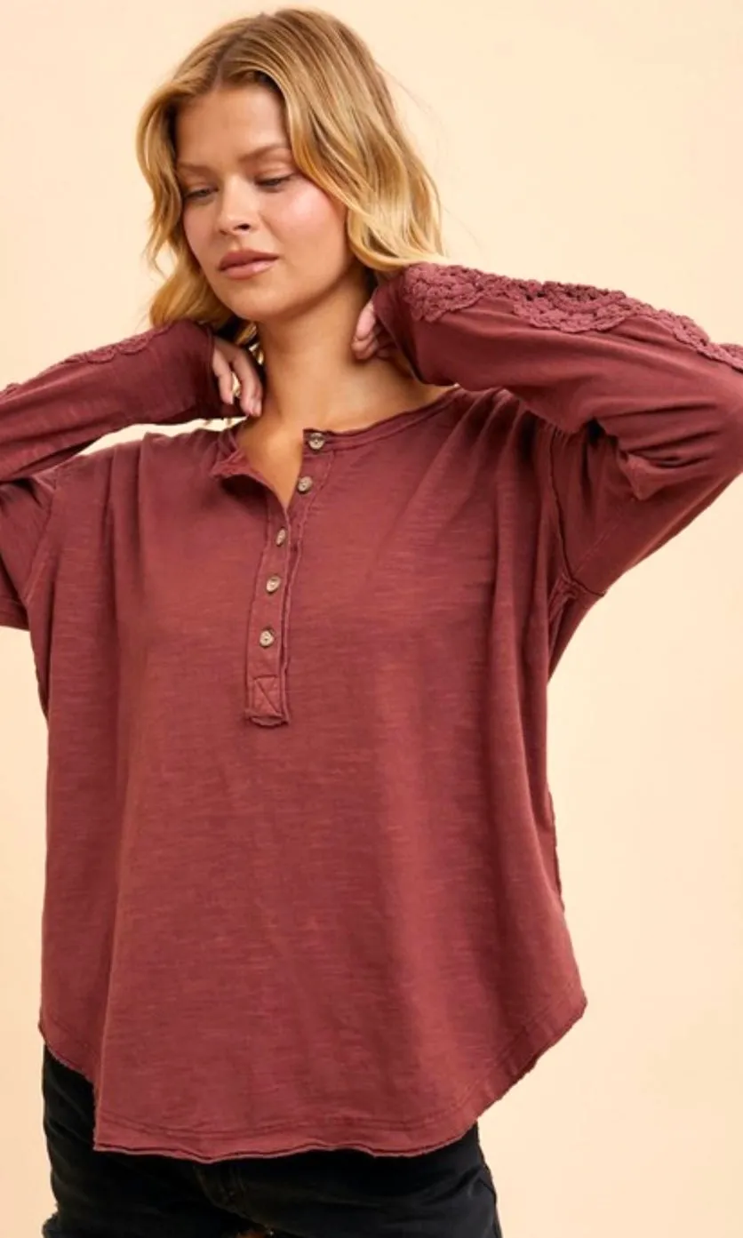 Ambry Merlot Washed Cotton Crochet Cuff Knit Top