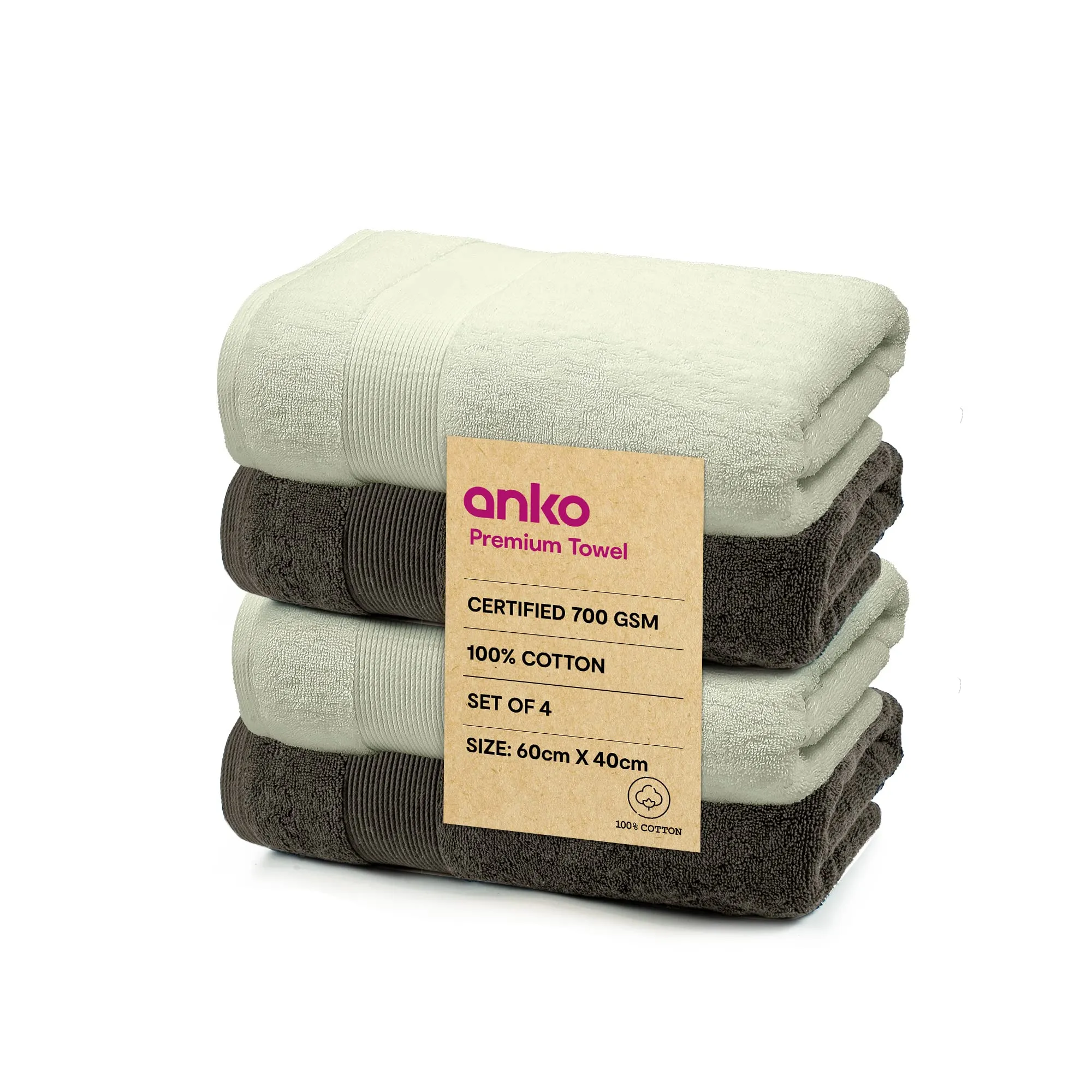 Anko Australia 100% Cotton 700 GSM Plush Hand Towel | Set of 4 | Super-Soft, Absorbent, Quick-Drying | Moss Green & Dark Grey Towel for Men, Women & Kids | 60x40 cm |Travel, Gym, Spa Towel