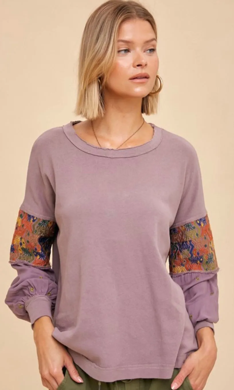 Arnan Charcoal Floral Embroidery Knit Top