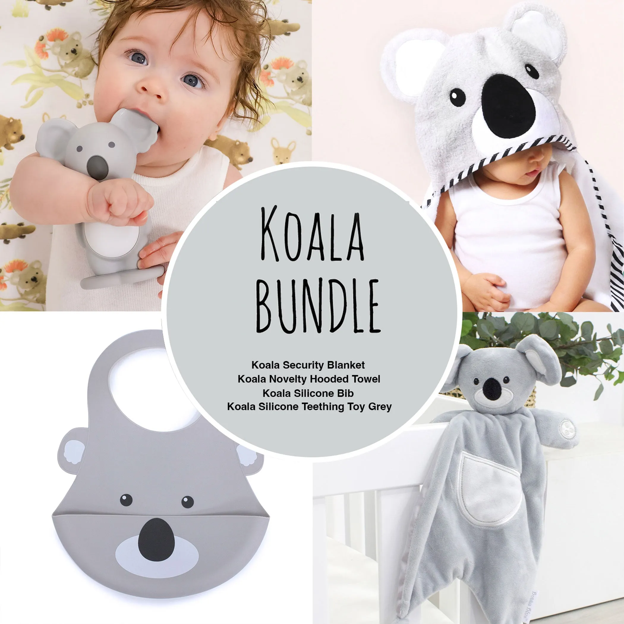 Aussie Animals 'Koala' Bundle - Novelty Hooded Towel, Security Blanket, Silicone Bib and Teether