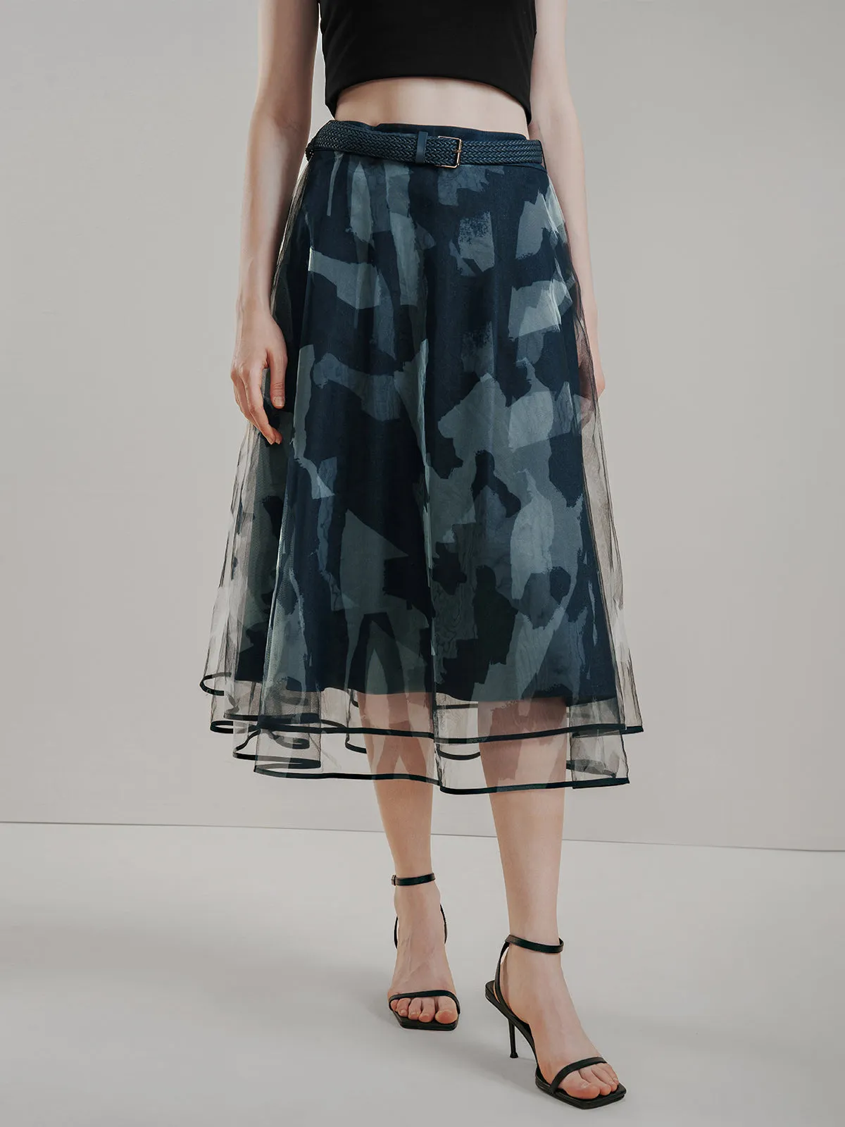 Belted Allover Printed Tulle Skirt