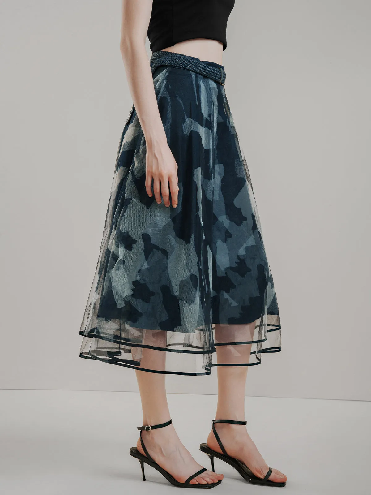 Belted Allover Printed Tulle Skirt