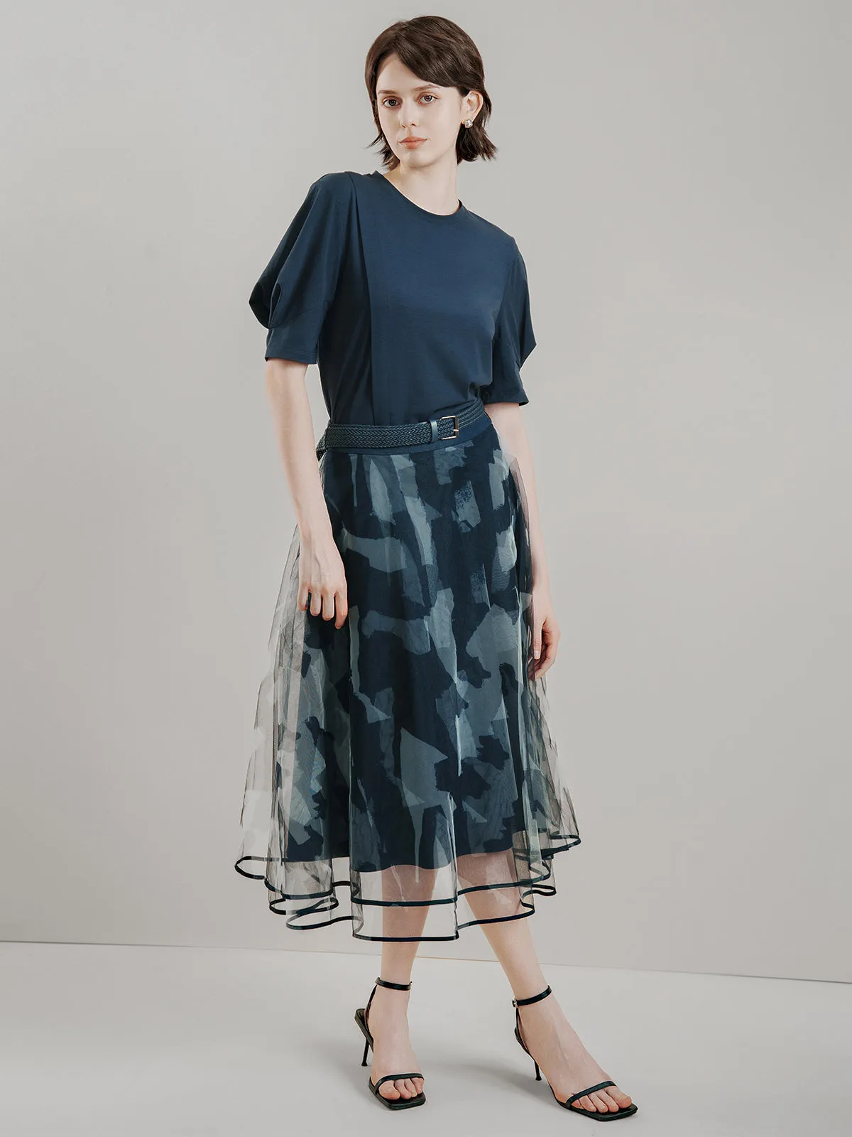 Belted Allover Printed Tulle Skirt