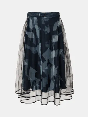 Belted Allover Printed Tulle Skirt