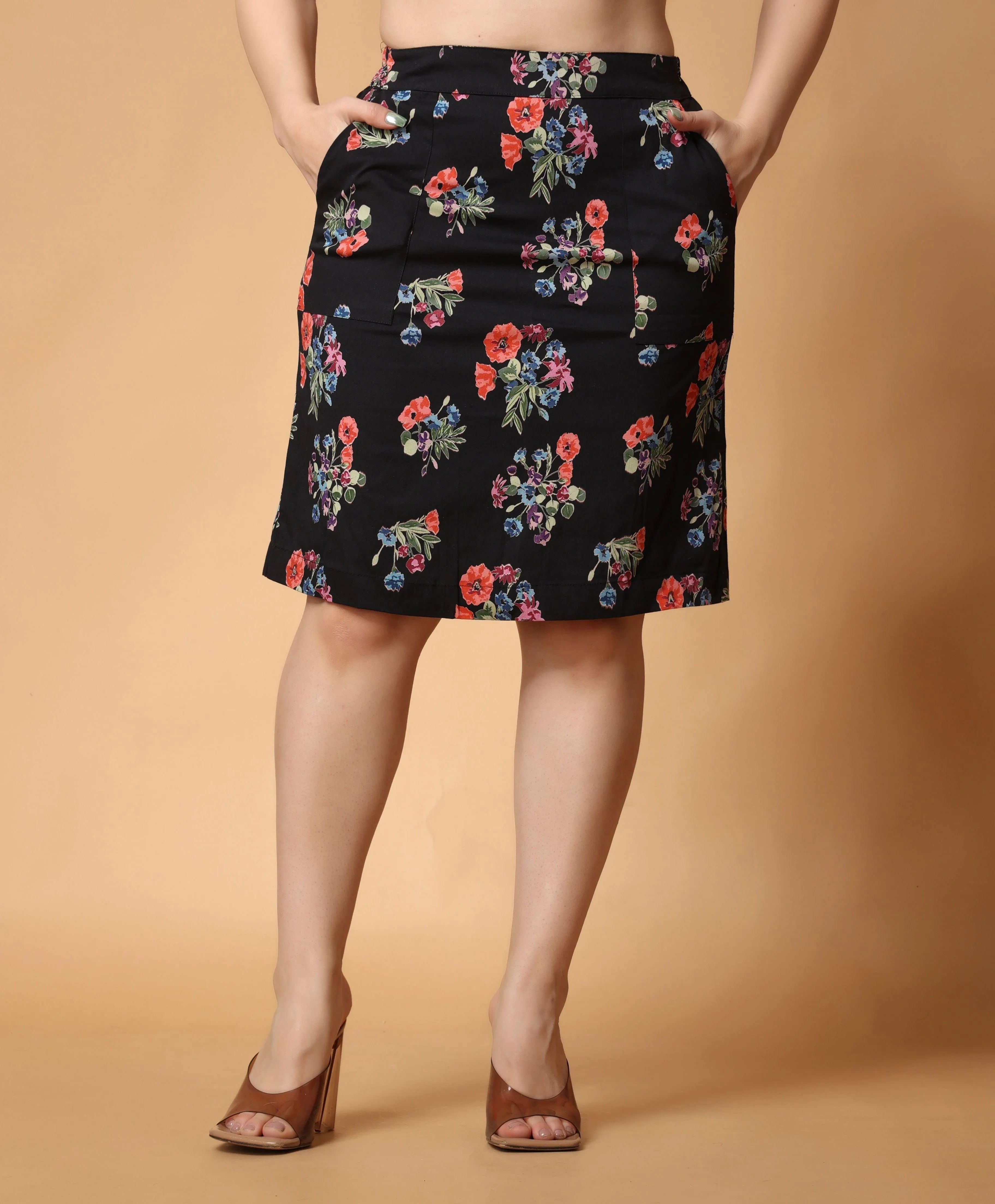 Black Floral Printed Midi Skirt