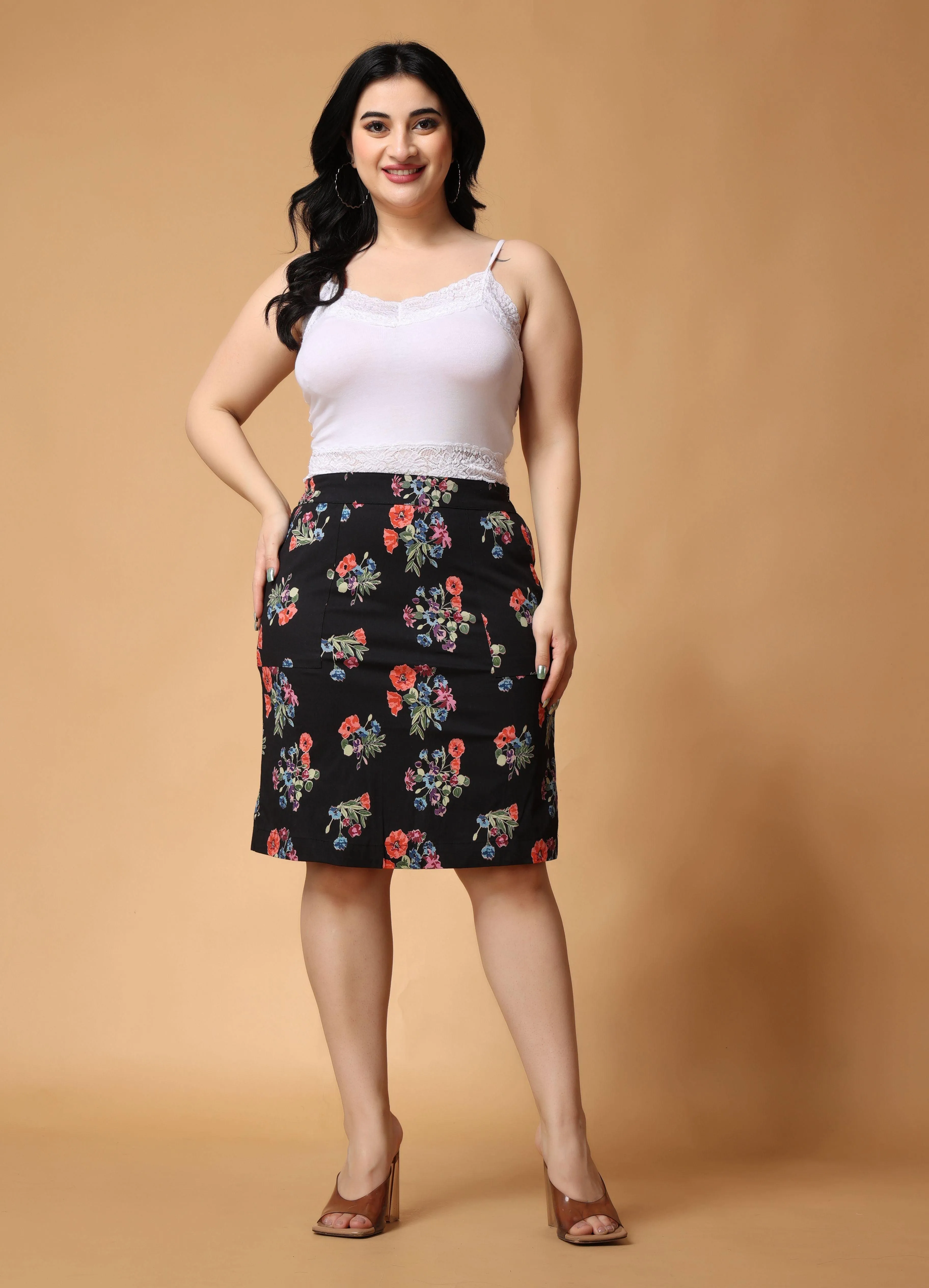 Black Floral Printed Midi Skirt