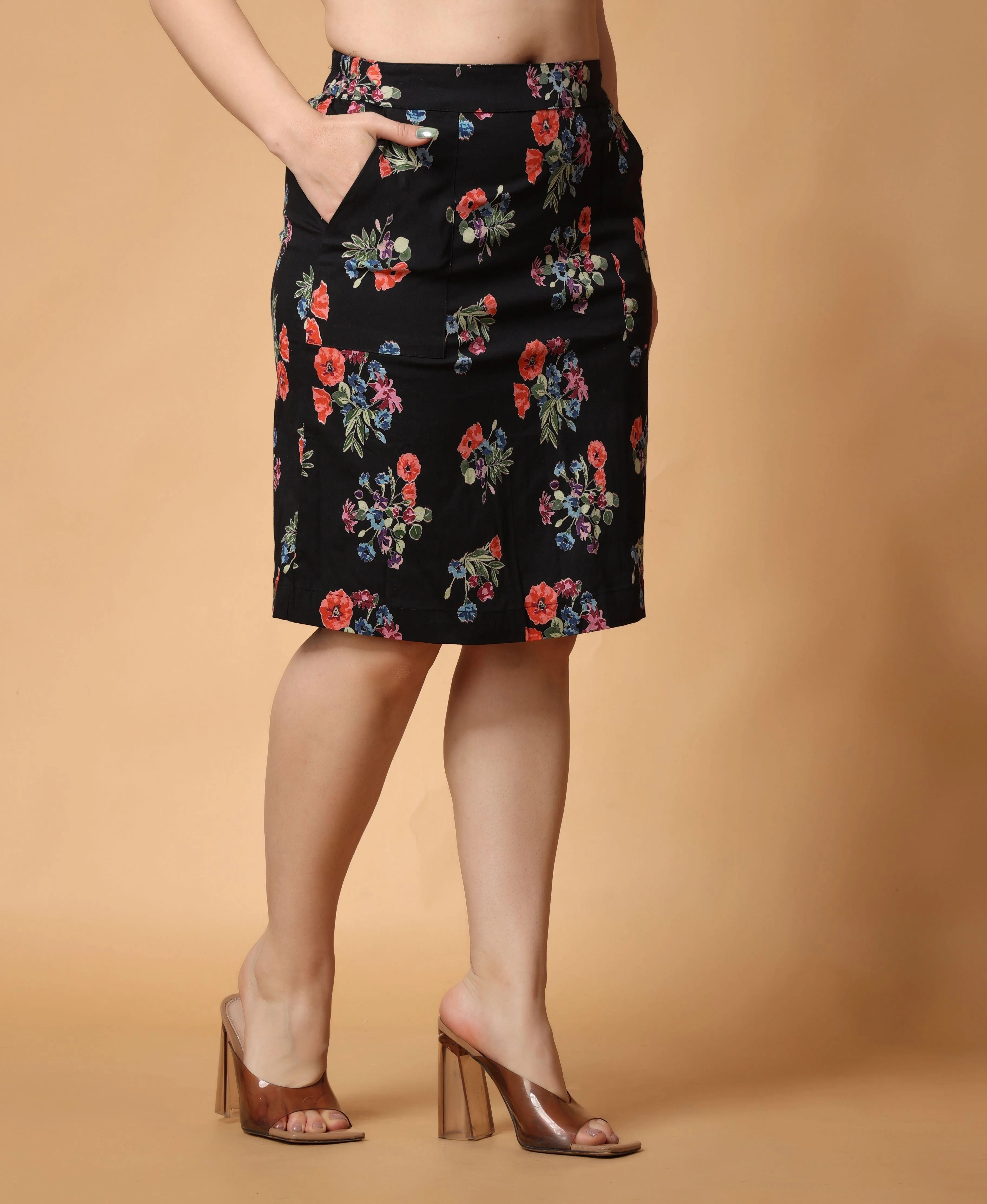 Black Floral Printed Midi Skirt