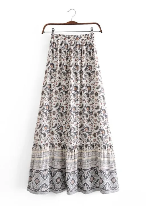 Boho maxi skirts with pattern, pompom cord