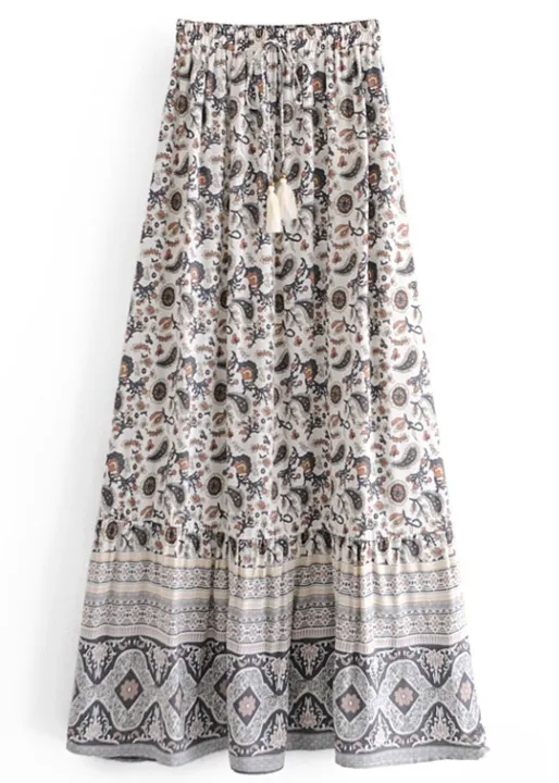 Boho maxi skirts with pattern, pompom cord