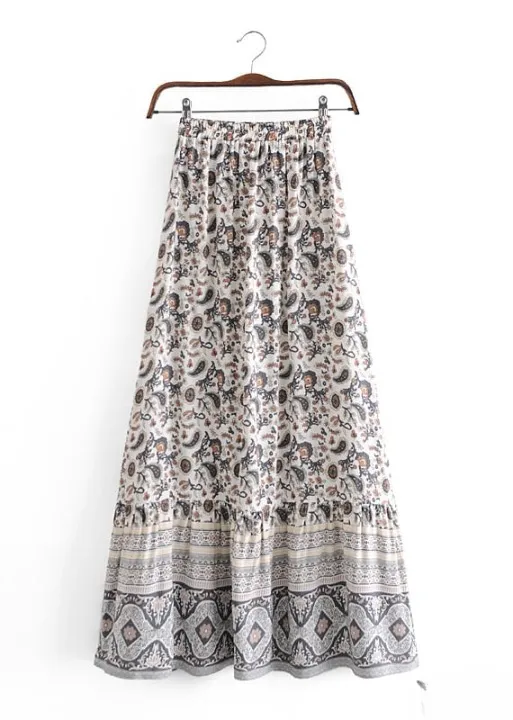 Boho maxi skirts with pattern, pompom cord