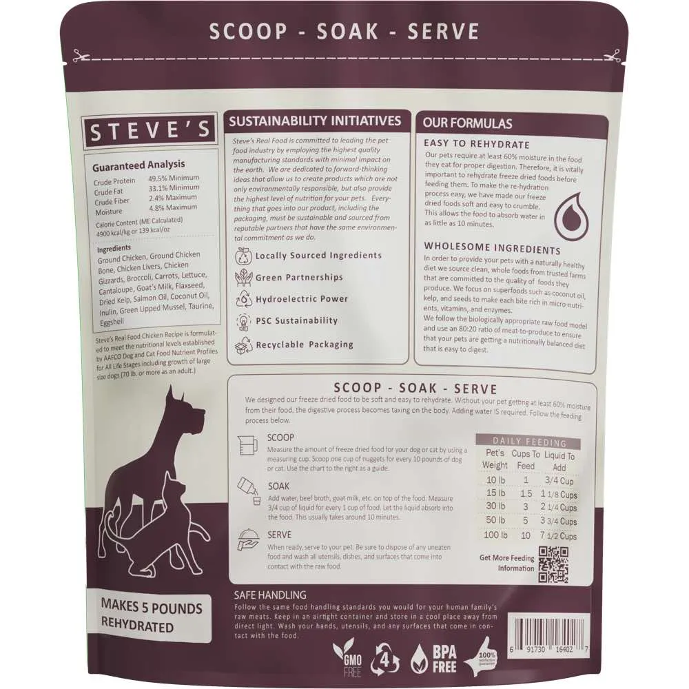 'BUNDLE DEAL FREE WIPES': Steve's Real Food Chicken Grain-Free Freeze-Dried Raw Food For Cats & Dogs 20oz