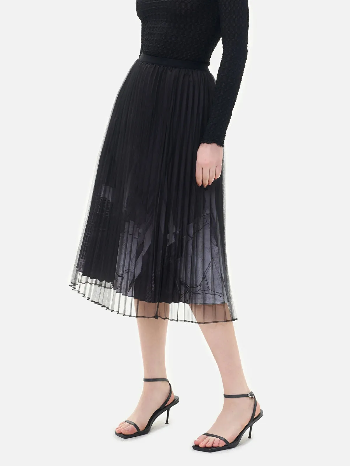 Color Block Printed Pleated Midi Skirt