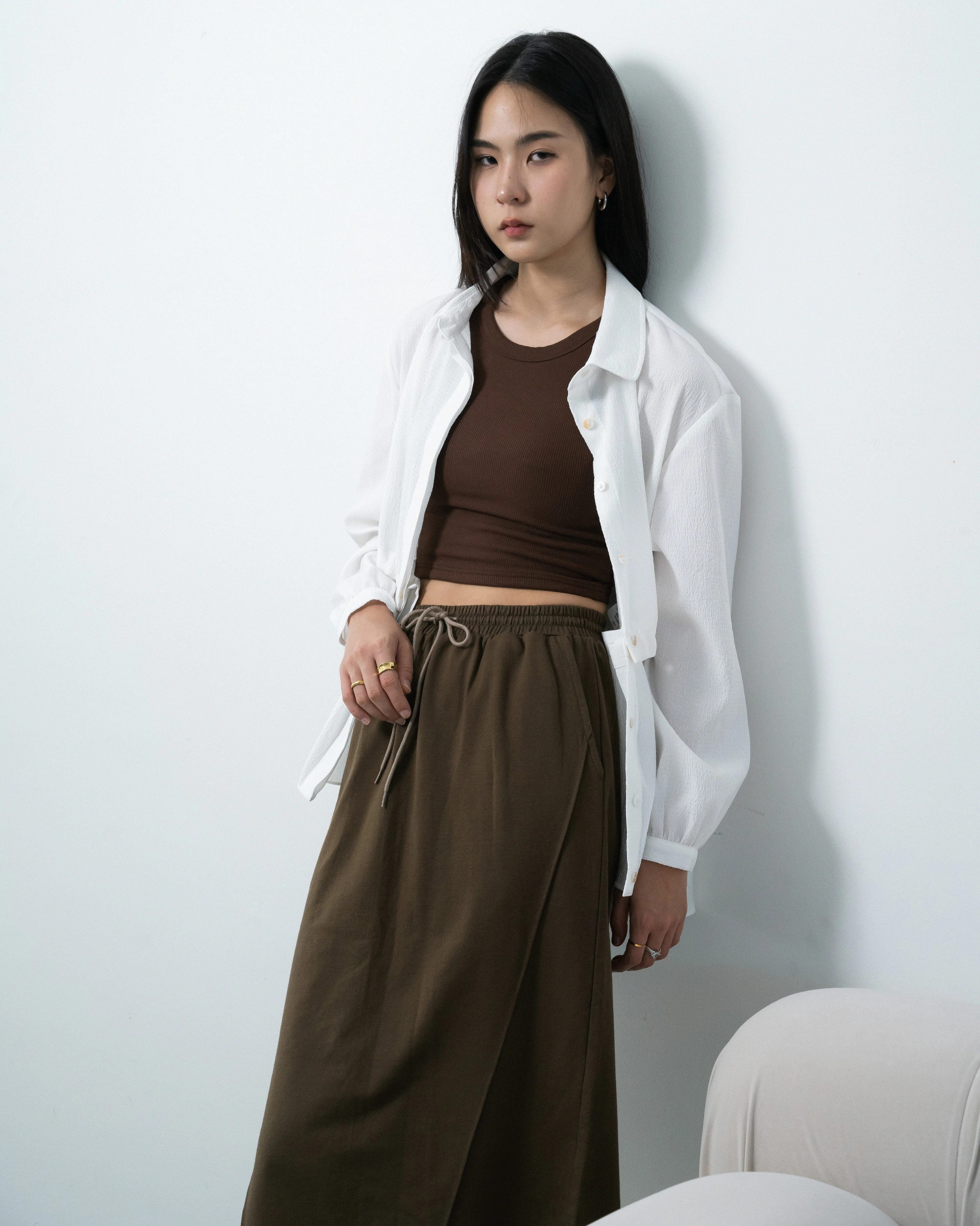 Cutline Pencil Midi Skirt (Dark Brown)