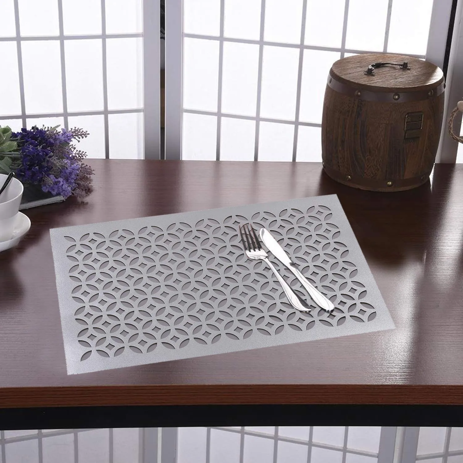 Heart Home Placemats,Washable Soft Leather Heat Resistant Table Mats,Non-Slip PVC Placemats for Dining Table Sets of 6 (Silver)-HHEART15614, (Model: HHEART015614)