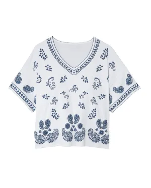 Isabelle Cotton Puff Print Knit Top | White / Navy