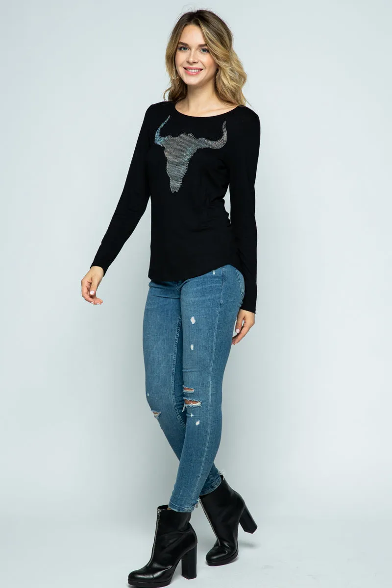 Jersey Knit Top With Rhinestone Bull