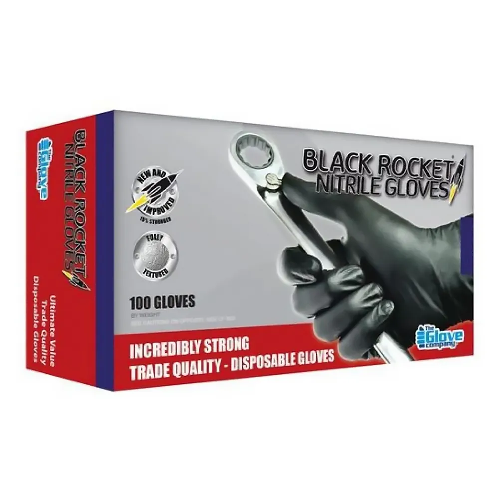 KBS Black Rocket Nitrile Gloves Disposable Trade Quality Medium x 100 Pack Box