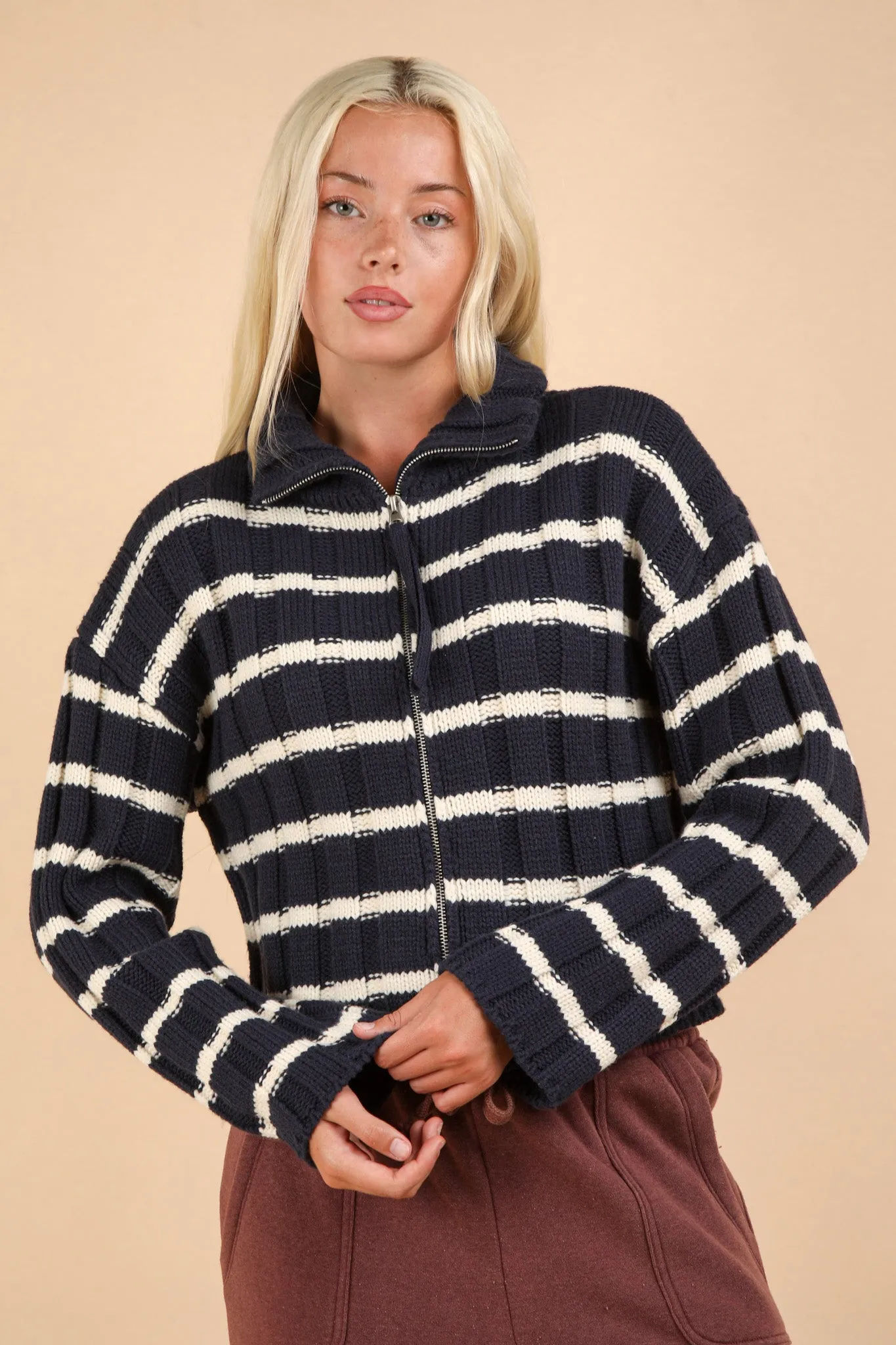 Mock Neck Front Zipper Stripe Sweater Cardigan - 2 Colors!