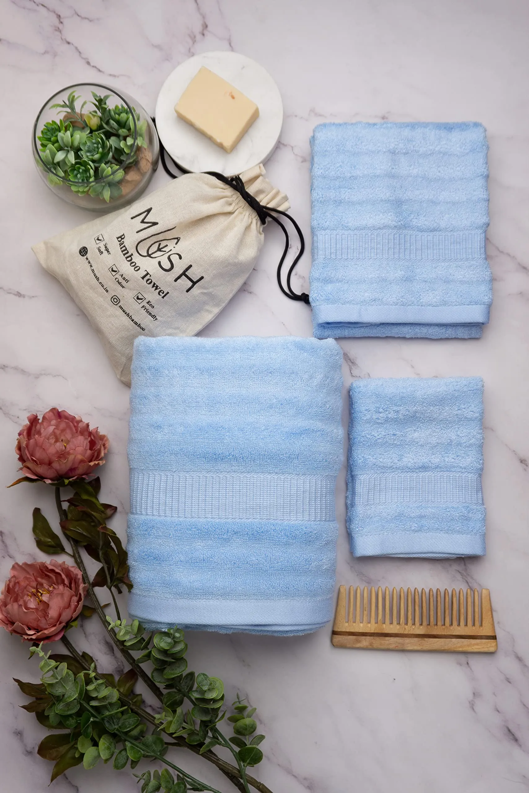 Mush Bamboo Luxurious 3 PieceTowels Set | Ultra Soft, Absorbent and Antimicrobial 600 GSM (Bath Towel, Hand Towel and Face Towel) Perfect for Daily Use and Gifting (Sky Blue)