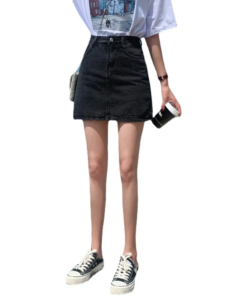 Petite Black Denim Women Slim Look Skirt A-Line ins High Waist Hip Flattering Skirt