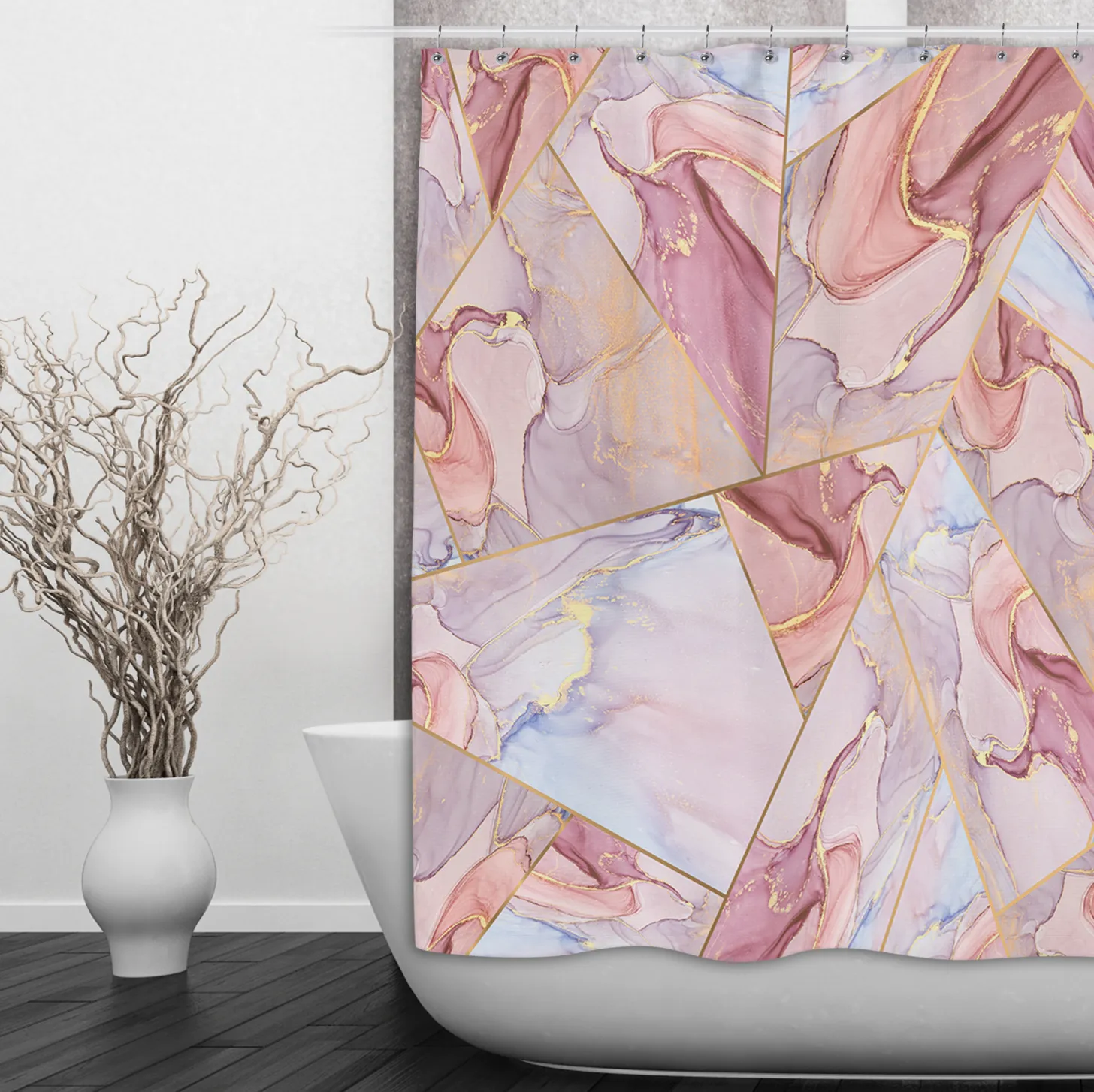 Pink Gold Geometric Stained Glass Shower Curtains and Optional Bath Mats