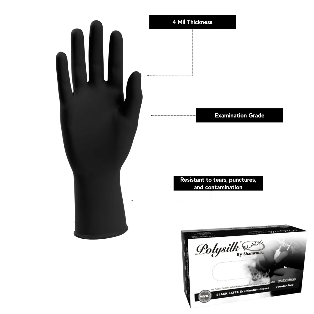 Polysilk by Shamrock Black Latex Gloves - Exam Grade, Powder Free (4 Mil), 1,000 Gloves