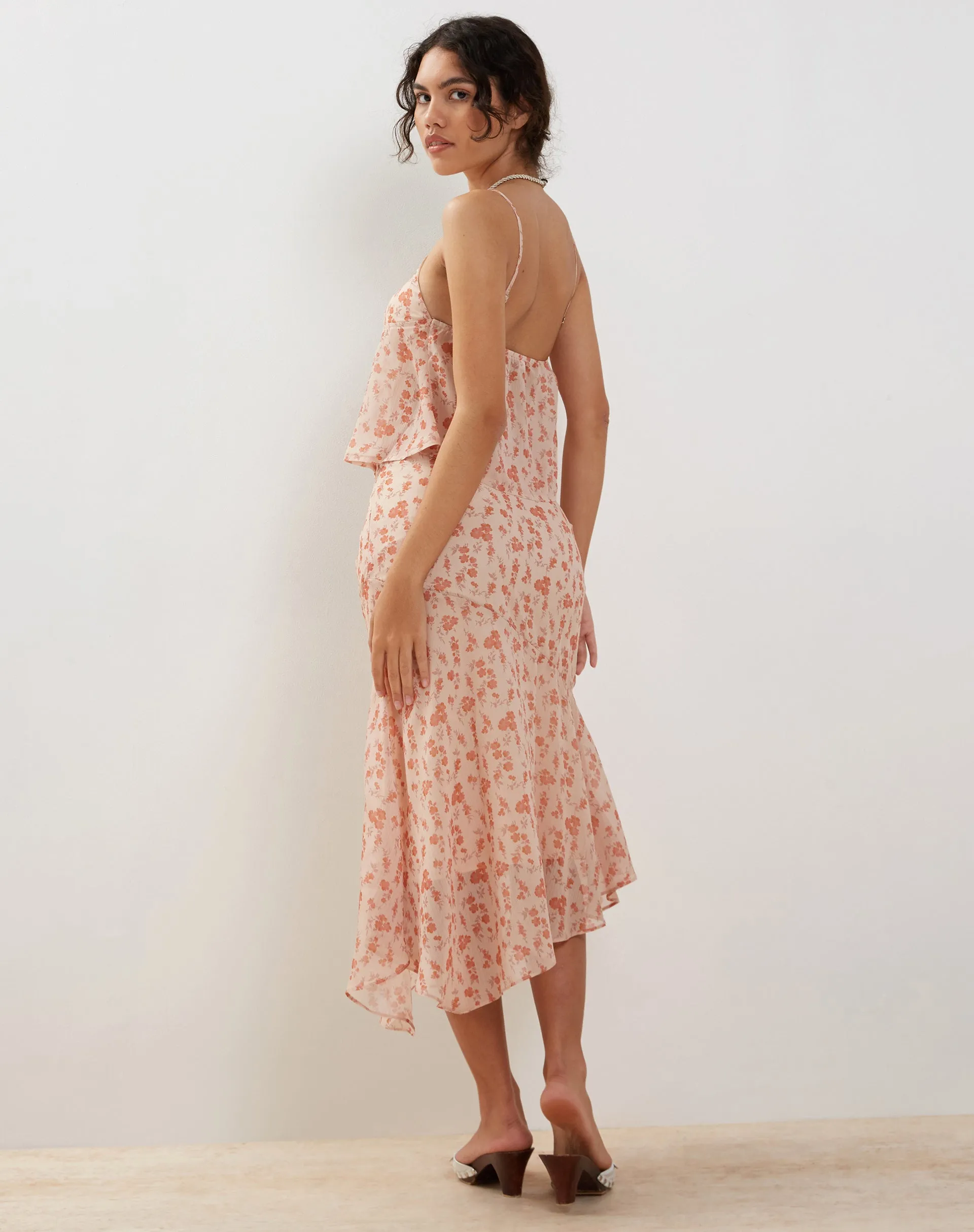 Rans Waterfall Hem Chiffon Midi Skirt in Peach Cherry Blossom