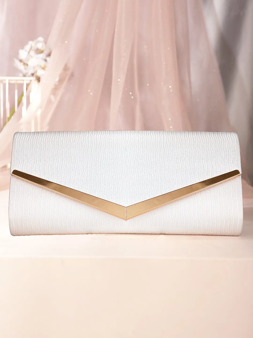 Rubans Chic Simplicity Handcrafted Beige Textured Glossy Finish Clutch Bag