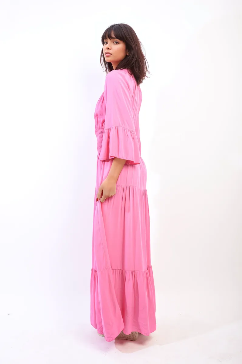 Ruffle Hem Sleeve Shirred Waist Tiered Maxi Dress