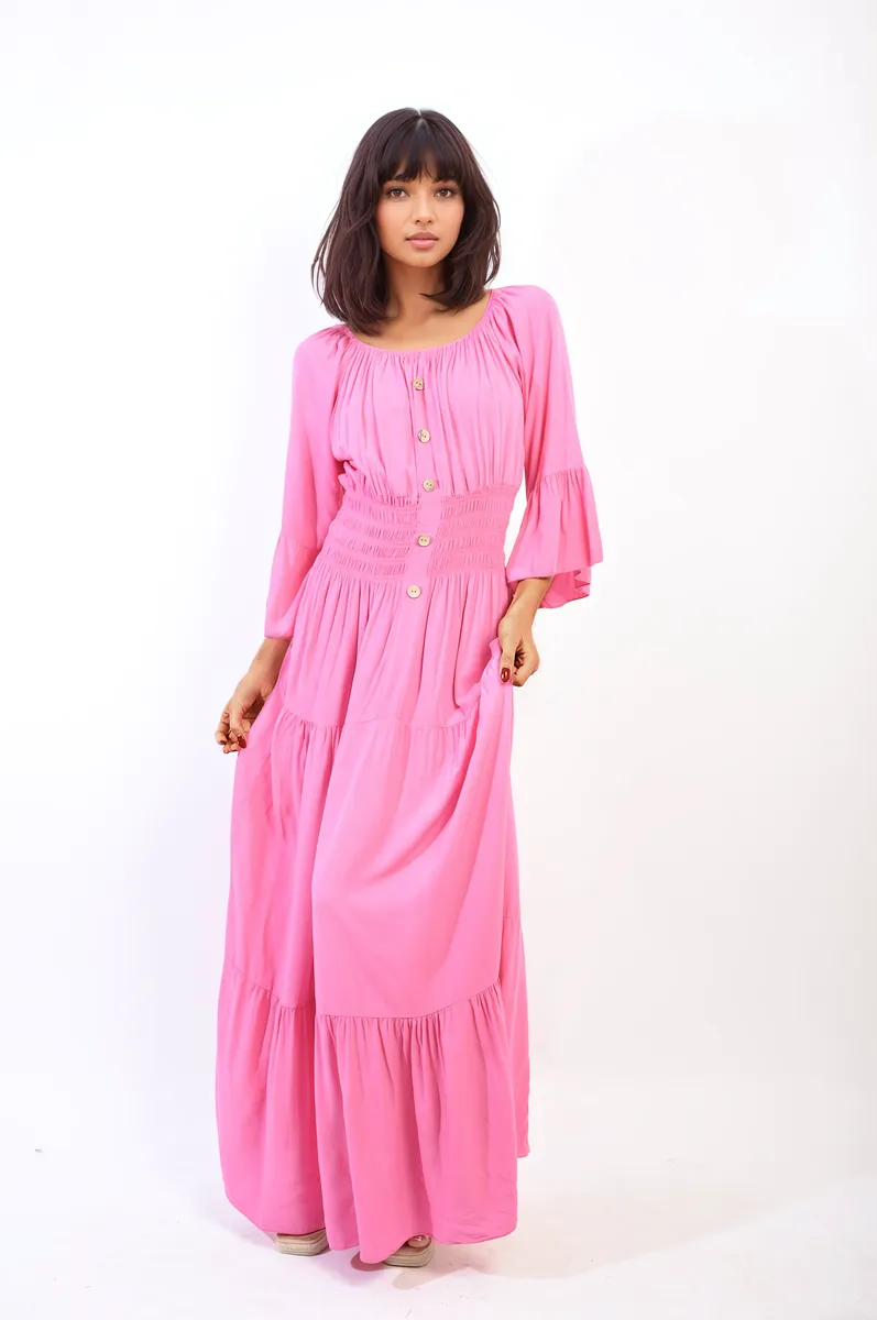 Ruffle Hem Sleeve Shirred Waist Tiered Maxi Dress