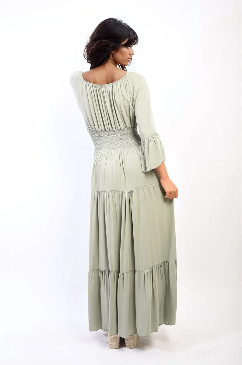 Ruffle Hem Sleeve Shirred Waist Tiered Maxi Dress