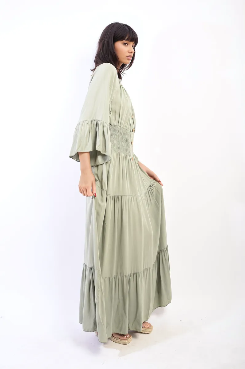 Ruffle Hem Sleeve Shirred Waist Tiered Maxi Dress