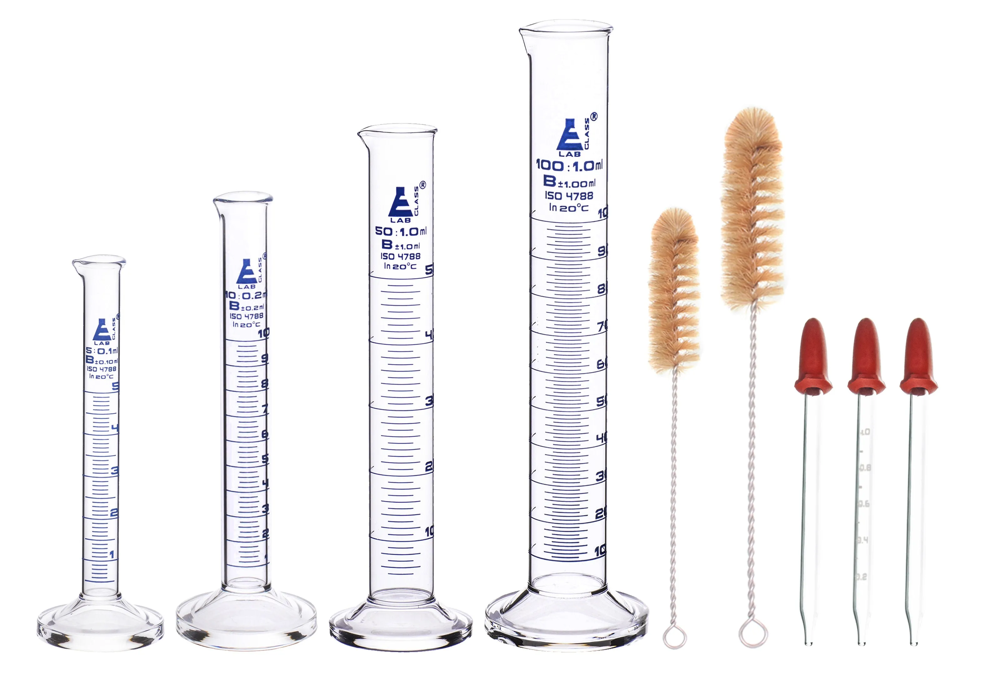 Safety Pack Measuring Cylinder Set with 3 Droppers & 2 Cleaning Brushes - 5ml, 10ml, 50ml & 100ml - Class B