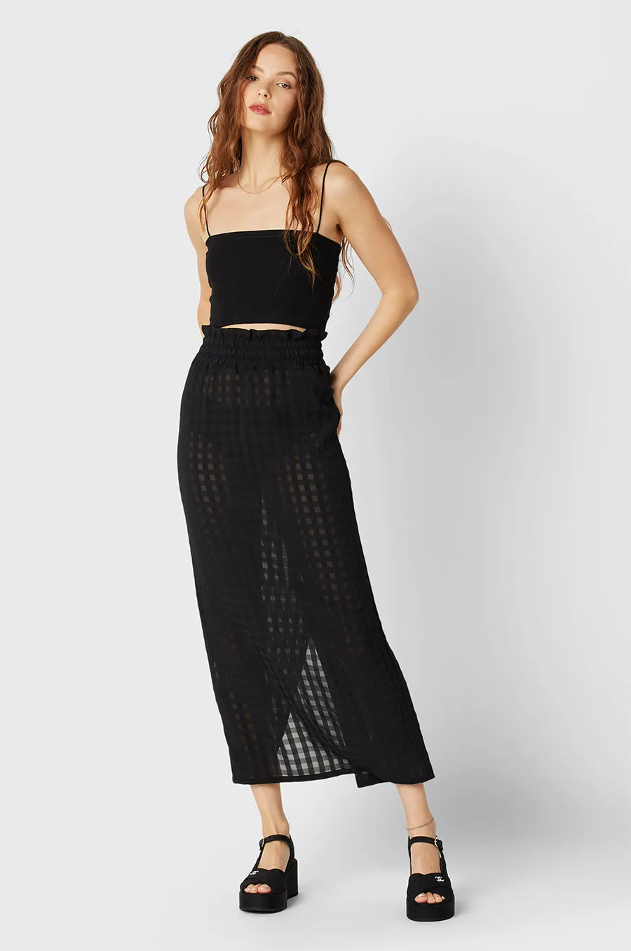 SMOCKED MIDI SKIRT IN BLACK GINGHAM