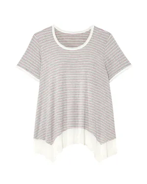 Tara Short Sleeve Woven Trim Knit Tee | Light Grey / Purple