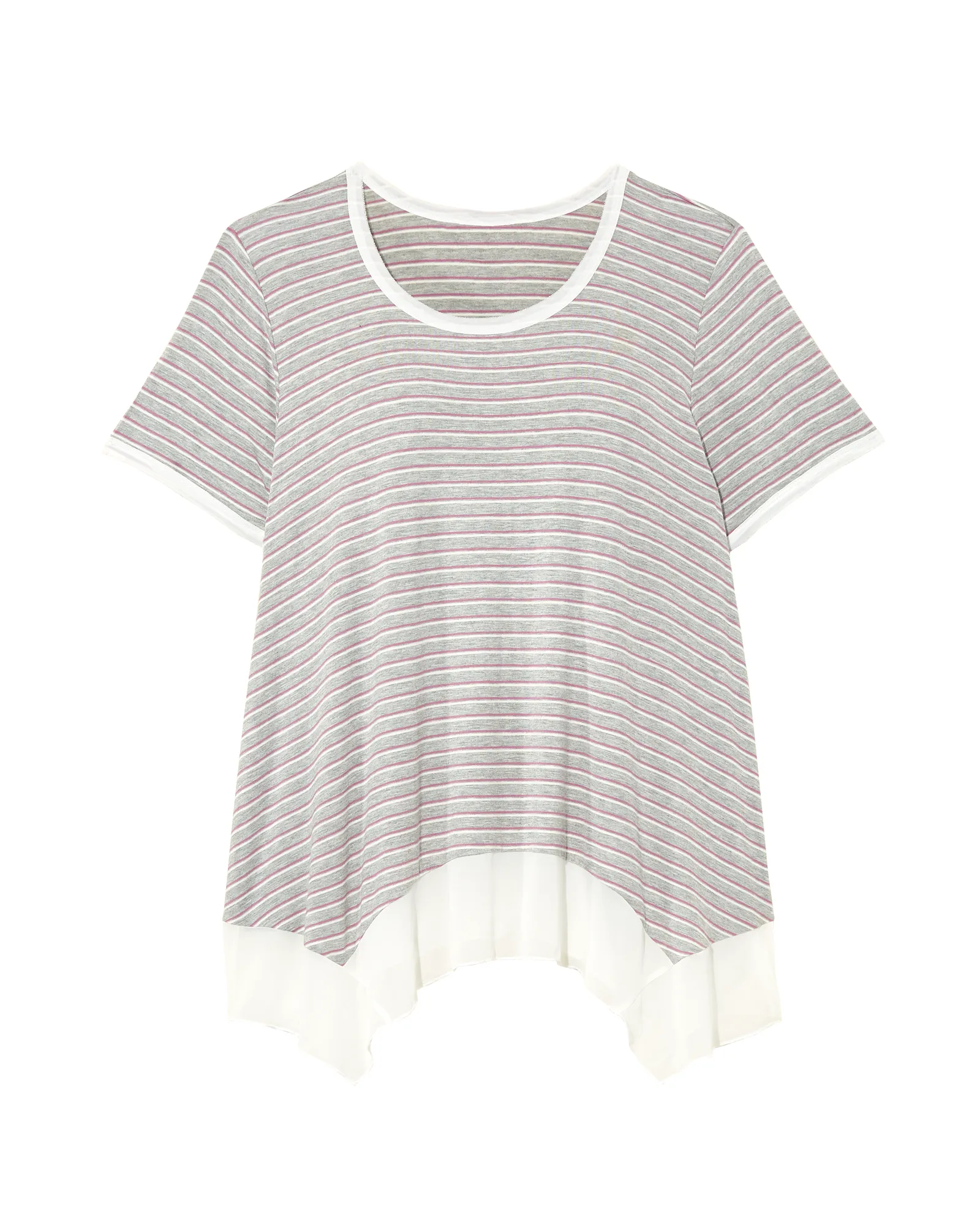 Tara Short Sleeve Woven Trim Knit Tee | Light Grey / Purple