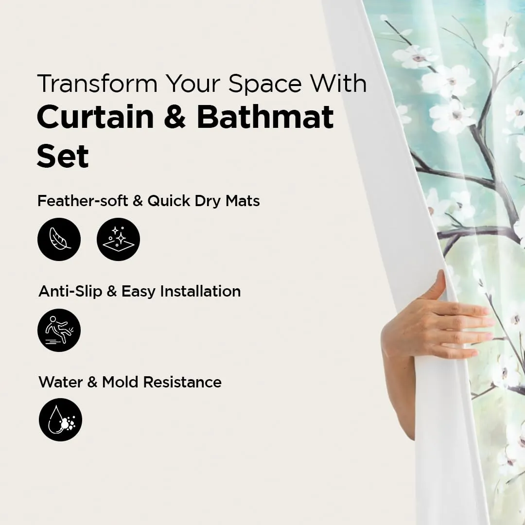 UMAI Shower Curtain (180X180 cm) & Bathmat 3 Pcs Set|6ft|Creative Vibrant Coloured Polyster Curtain Sets with Non-Slip Bath mats for Bathroom|Easy-Slide Curtains|Quick Dry,Soft Mats (Deer Couple)