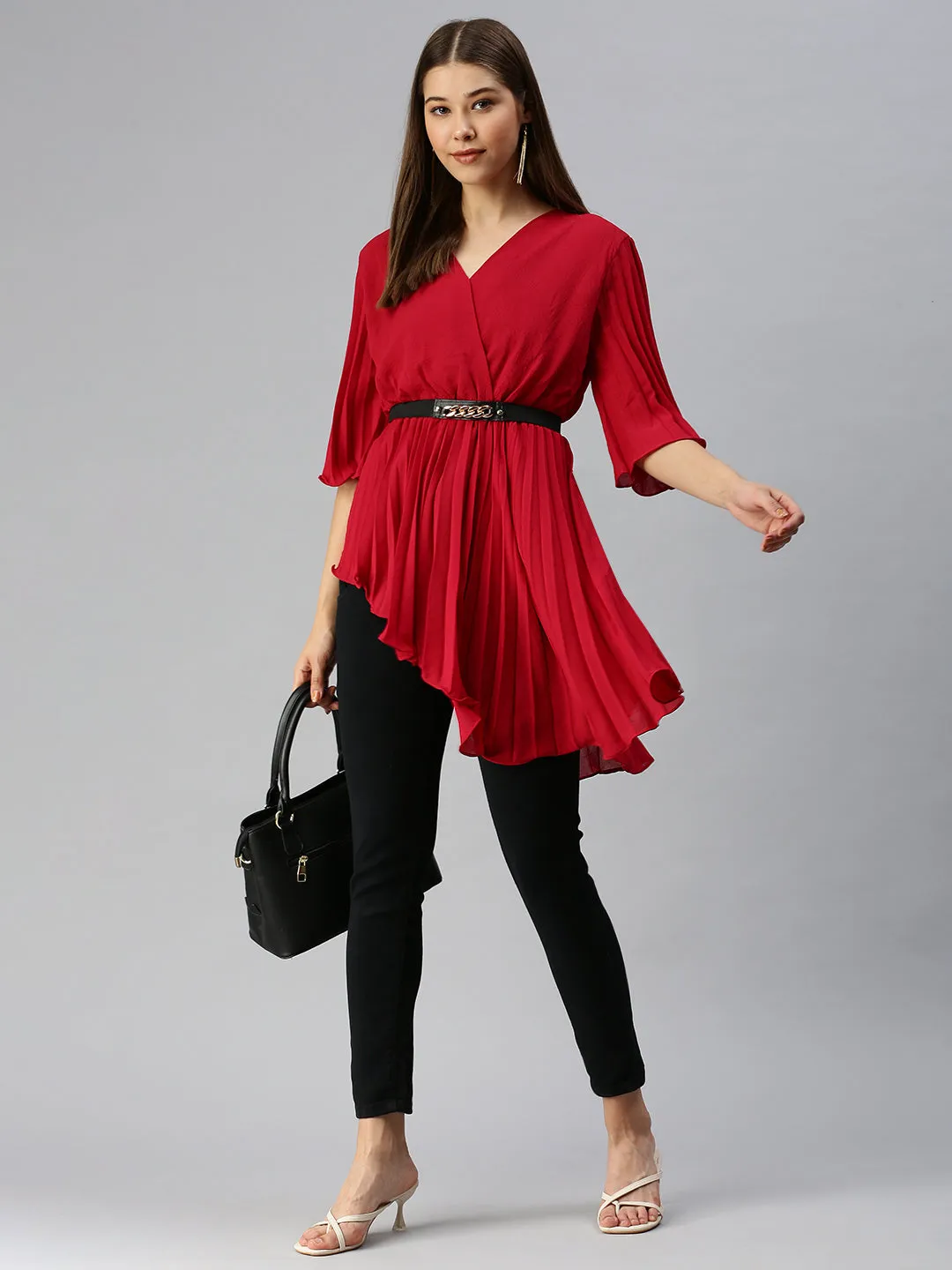 Women V-Neck Solid Red Peplum Top