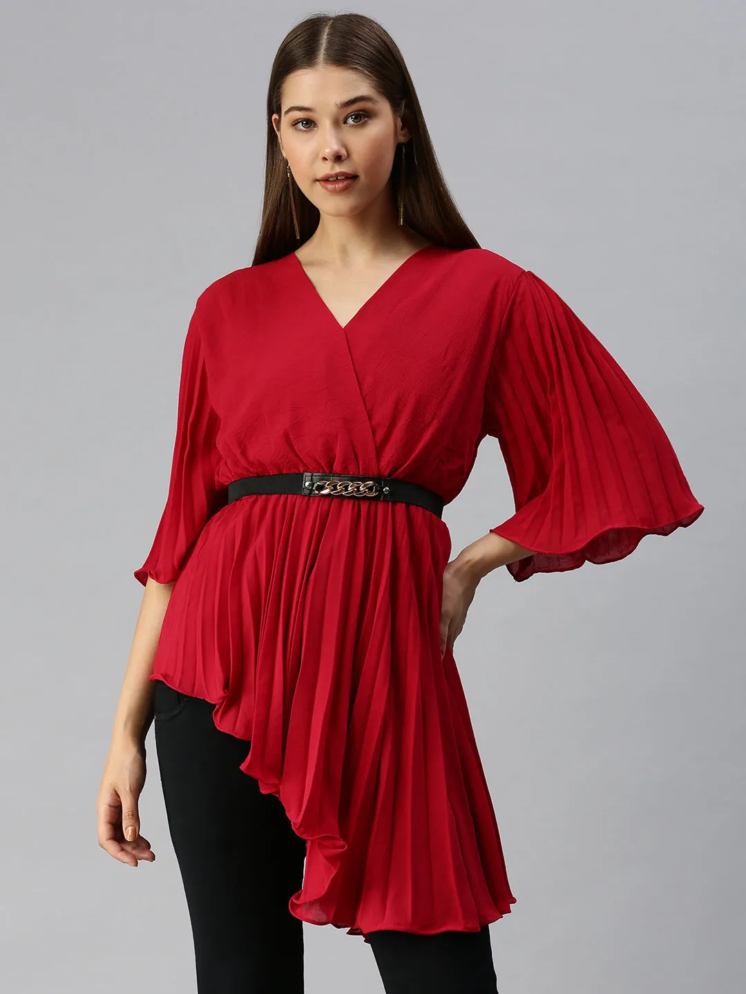 Women V-Neck Solid Red Peplum Top