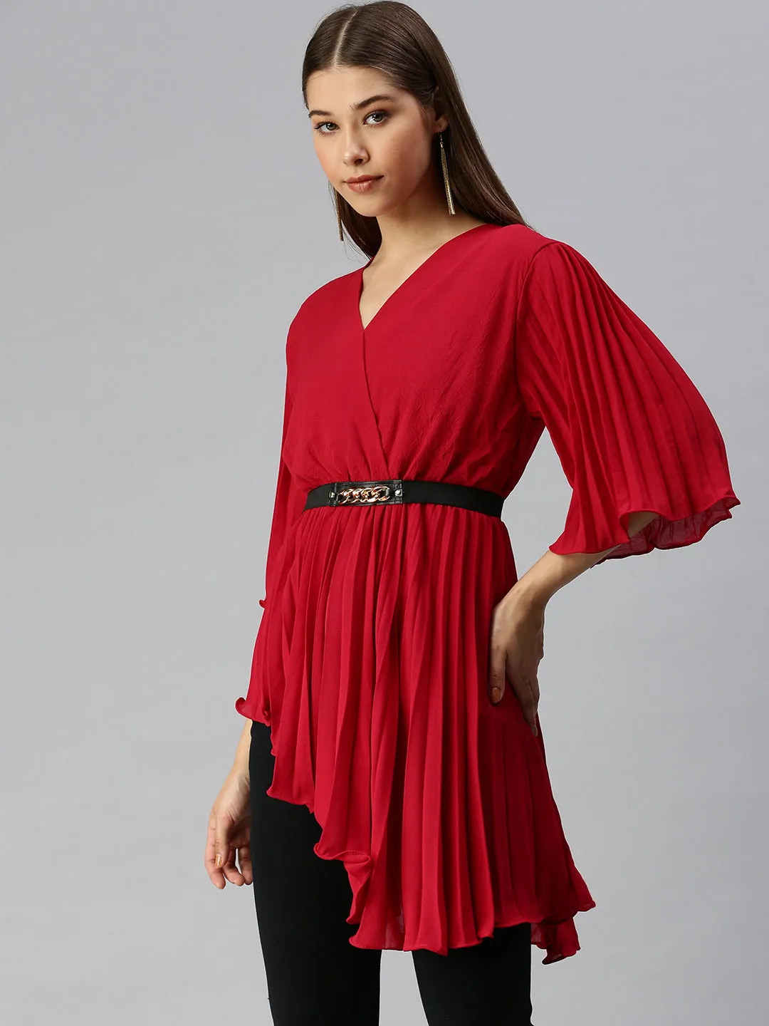 Women V-Neck Solid Red Peplum Top