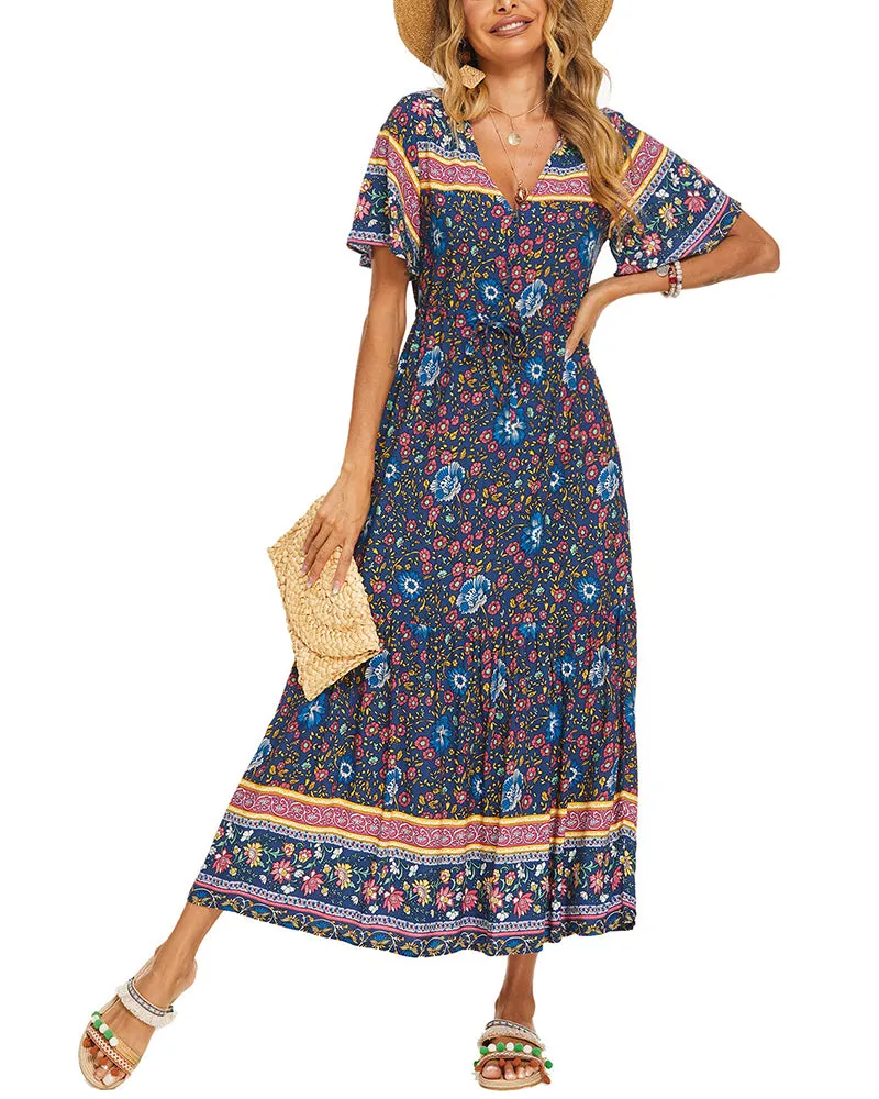 Zeagoo Women's V Neck Bohemian Dress Floral Printed Maxi Dress Short Sleeve Beach Party Dress