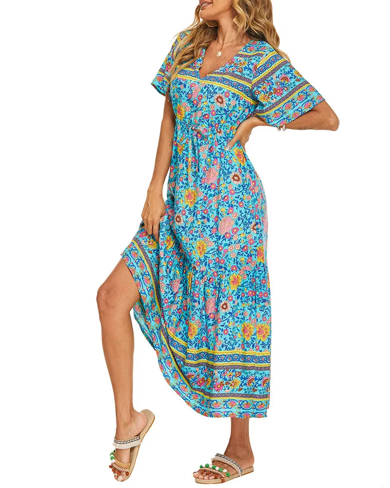 Zeagoo Women's V Neck Bohemian Dress Floral Printed Maxi Dress Short Sleeve Beach Party Dress