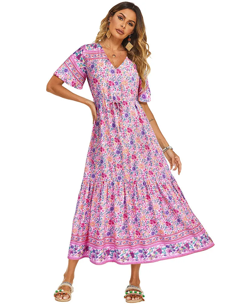 Zeagoo Women's V Neck Bohemian Dress Floral Printed Maxi Dress Short Sleeve Beach Party Dress