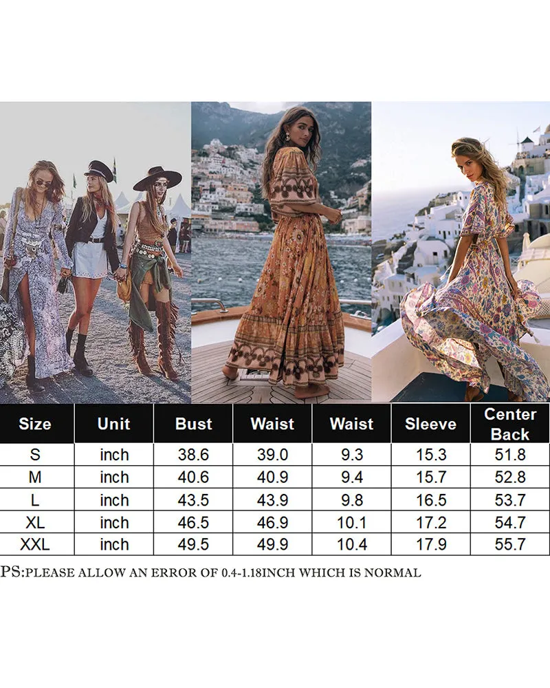 Zeagoo Women's V Neck Bohemian Dress Floral Printed Maxi Dress Short Sleeve Beach Party Dress