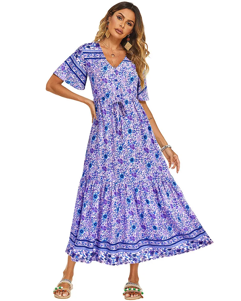 Zeagoo Women's V Neck Bohemian Dress Floral Printed Maxi Dress Short Sleeve Beach Party Dress